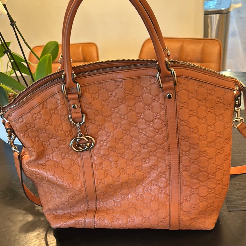 Gucci Large Guccisima Embossed Tan/Cognac Leather Tote with Removable Strap